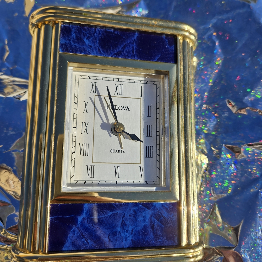 BULOVA Quartz  Clock Blue Gold Mantel  Shelf Clock Brass RARE Vintage Alarm - Picture 7 of 12